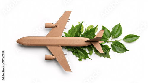 Cardboard cutout of an airplane and leaves. Concept of Sustainable Aviation Fuel (SAF) and Aviation Biofuel. Reducing the Carbon Footprint within the environmental impact of aviation.
