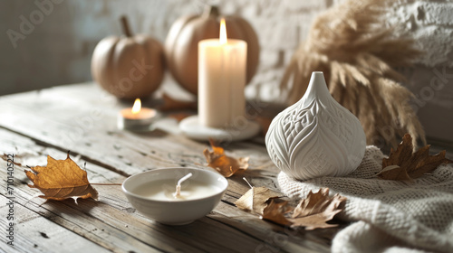 White vase with lit candle is placed on table. This image can be used to add cozy and warm atmosphere to various settings.