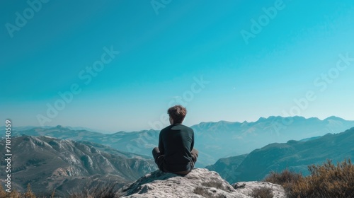 person sitting on a rock, observing a distant mountain range under a clear blue sky generative ai © ThisDesign
