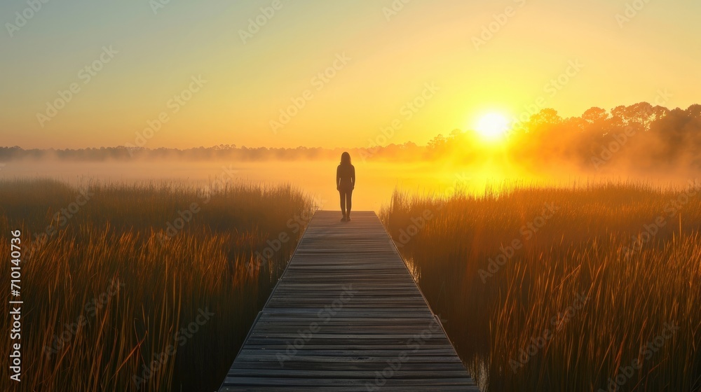Fototapeta premium person standing on a boardwalk, admiring the sunrise over a misty marshland generative ai
