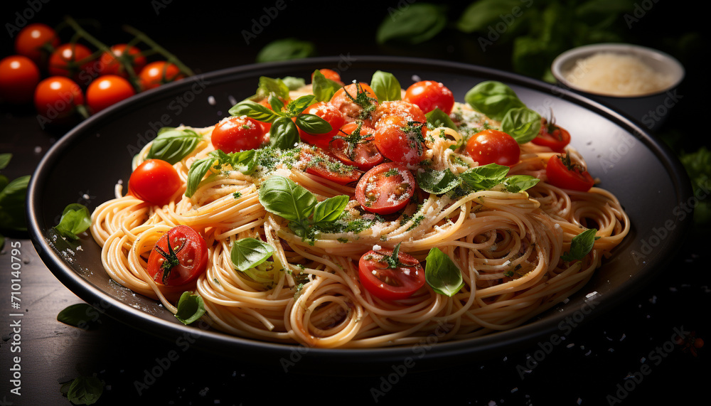 Fresh tomato pasta, a healthy homemade vegetarian meal generated by AI Fresh tomato pasta, a healthy homemade vegetarian meal generated by AI