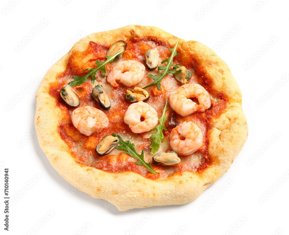 Tasty seafood pizza isolated on white background