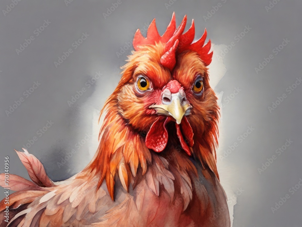 Redheaded chicken looking at the camera. Concept of agriculture
