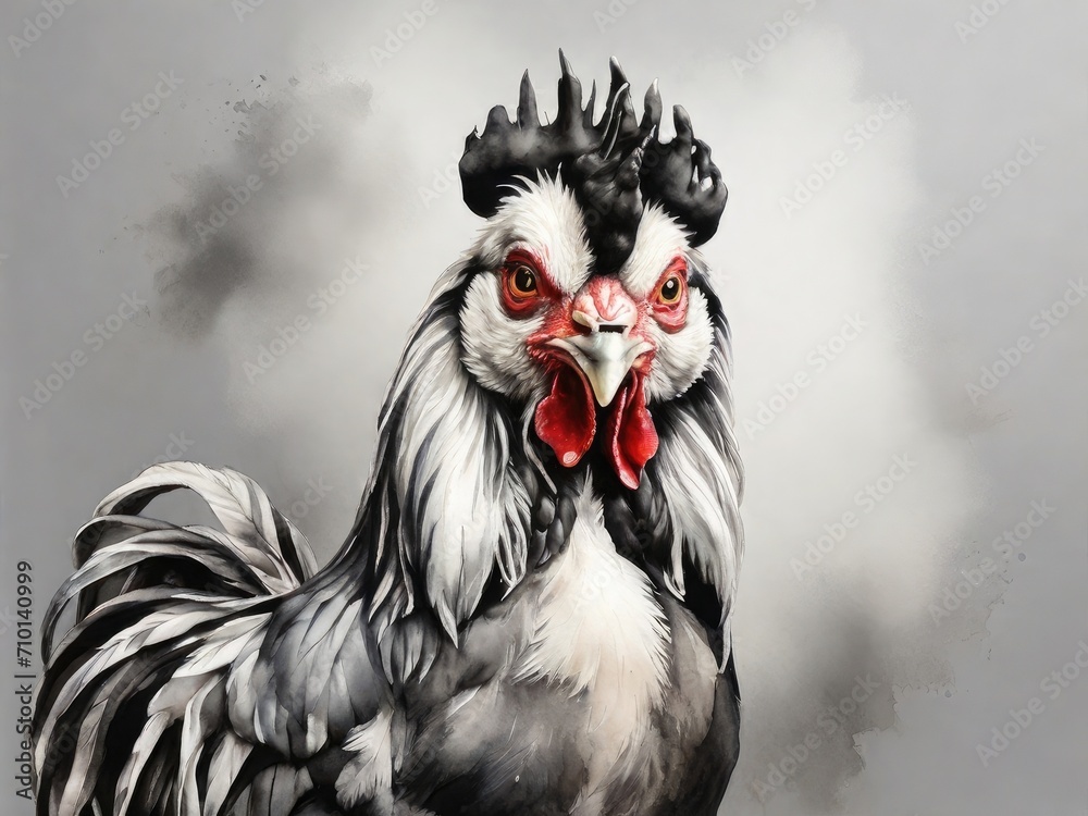 Black and white rooster looking directly at camera on gray background. Agriculture concept 