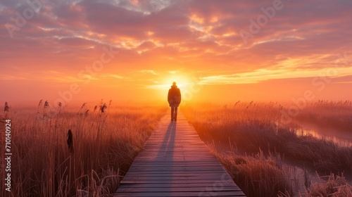 Fotografia person standing on a boardwalk, admiring the sunrise over a misty marshland gene
