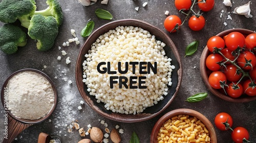 Various gluten-free products and flours are laid out on a dark table around a black plate with the words "GLUTEN FREE" written on it. Concept: healthy eating and replacement of harmful foods and aller