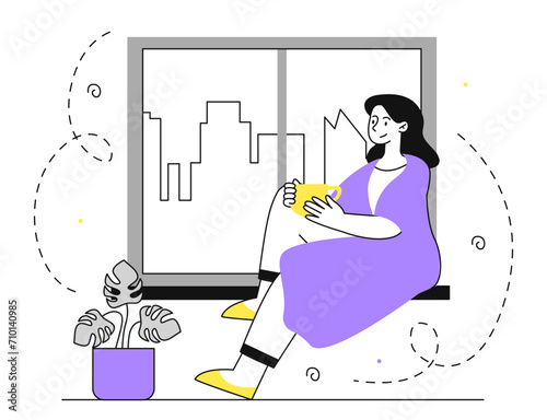 Woman sitting at windowsill vector linear