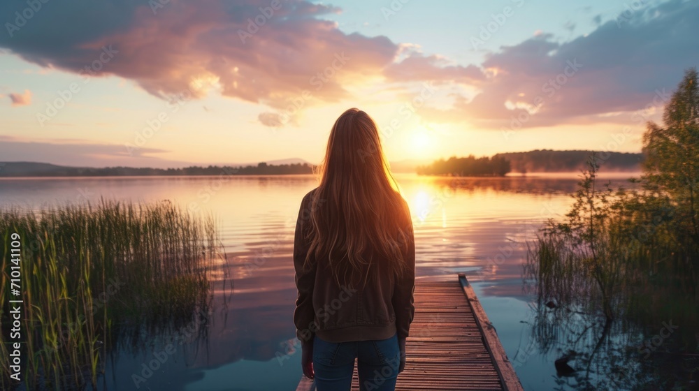 Fototapeta premium woman standing on a boardwalk, enjoying a peaceful lakeside sunset generative ai
