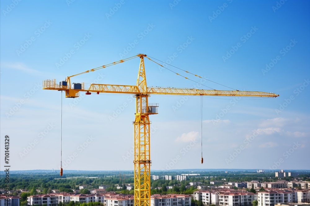 Yellow construction crane at bustling building site with clear blue sky