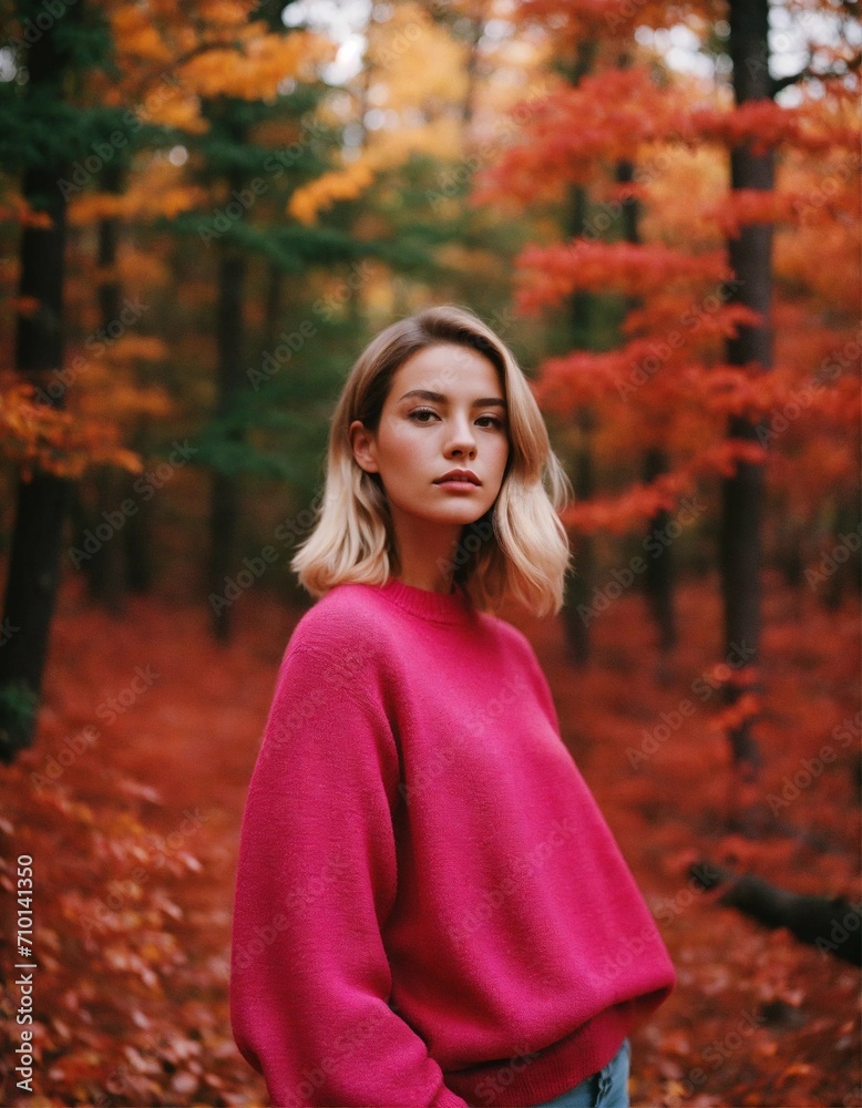 Elegant Minimalistic Photography, (perfect) Model wearing a pink jumper, Red Autumn Forest Background, Natural Lighting, chaos, minimalist, close-up portrait photo Elegant Minimalistic Photography, (perfect) Model wearing a pink jumper, Red Autumn Forest Background, Natural Lighting, chaos, minimalist, close-up portrait photo