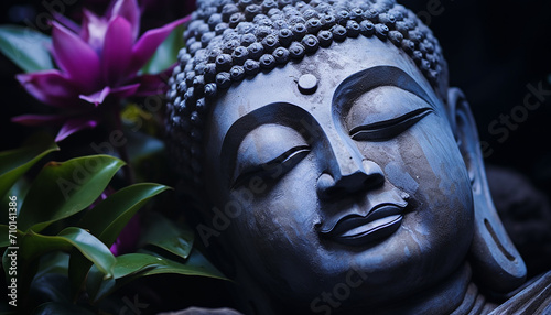 Buddhist statue meditates, symbolizing tranquility and spirituality generated by AI