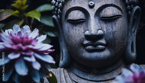 Meditating statue symbolizes spirituality in tranquil nature generated by AI