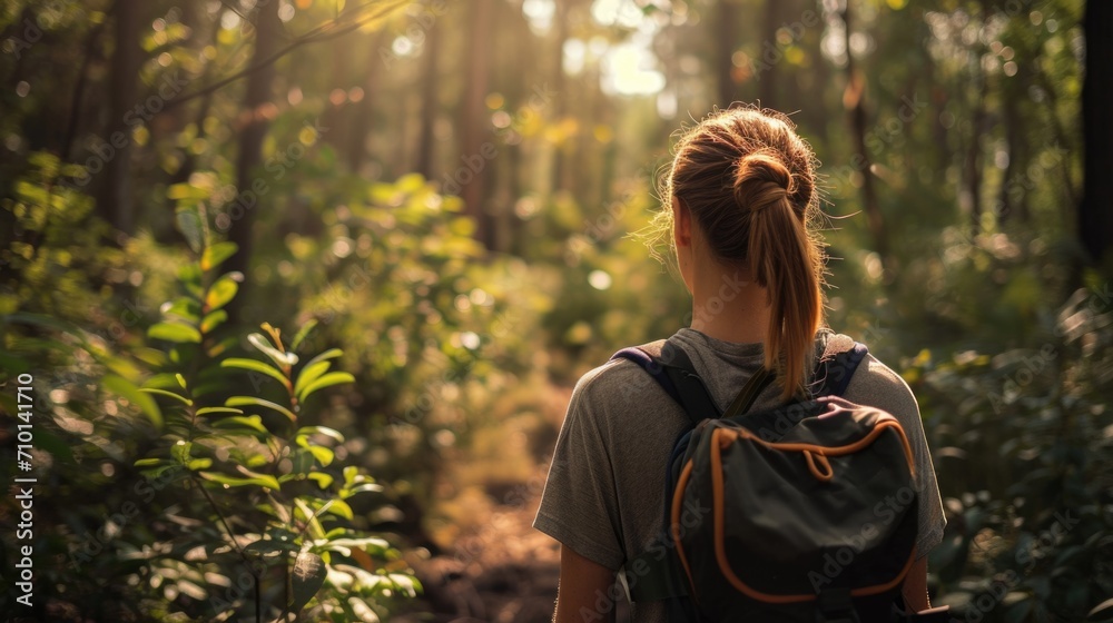 Back view of a woman with a ponytail, hiking through a dense forest with dappled sunlight generative ai Back view of a woman with a ponytail, hiking through a dense forest with dappled sunlight generative ai
