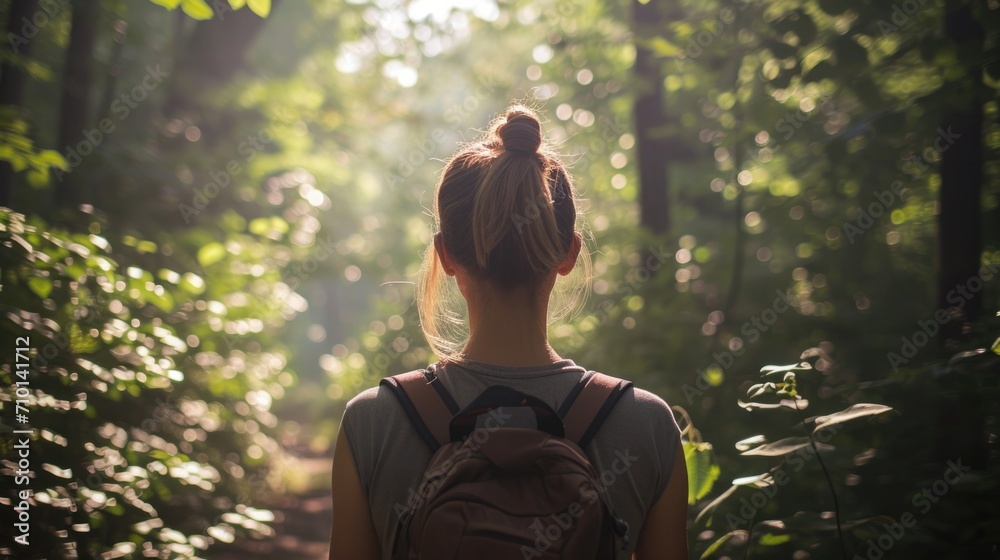 Back view of a woman with a ponytail, hiking through a dense forest with dappled sunlight generative ai Back view of a woman with a ponytail, hiking through a dense forest with dappled sunlight generative ai