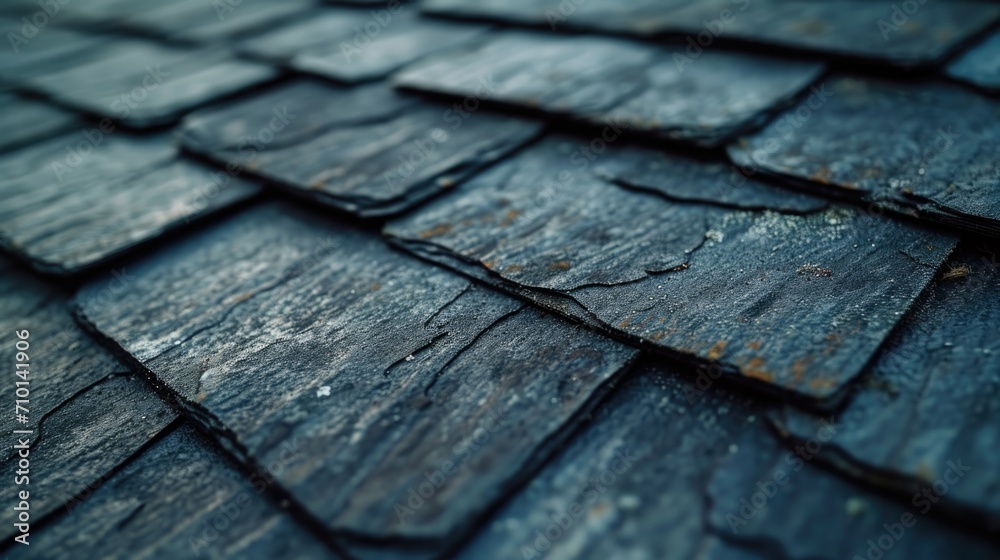 A detailed close up view of a slate roof with a shiny surface. This image can be used to showcase the beauty and craftsmanship of slate roofs. - obrazy, fototapety, plakaty 