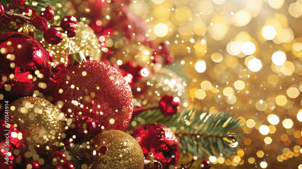Festive Christmas tree adorned with red and gold ornaments. Perfect for holiday decorations and festive celebrations. Festive Christmas tree adorned with red and gold ornaments. Perfect for holiday decorations and festive celebrations.