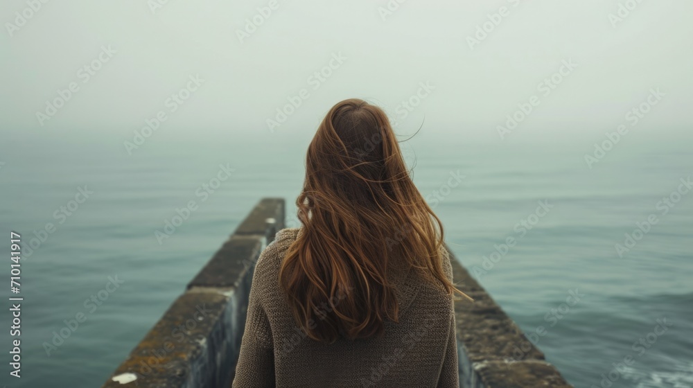 Back view of a woman with long hair, standing on a pier and looking out at a calm sea generative ai Back view of a woman with long hair, standing on a pier and looking out at a calm sea generative ai