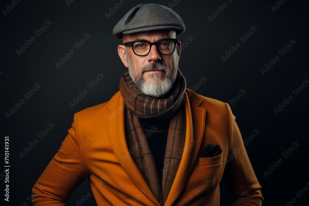 Portrait of a handsome senior man in a stylish orange coat and cap. Portrait of a handsome senior man in a stylish orange coat and cap.