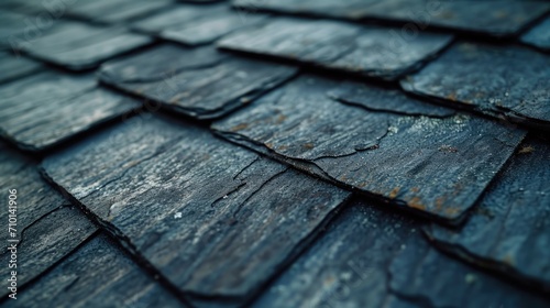 A detailed close up view of a slate roof with a shiny surface. This image can be used to showcase the beauty and craftsmanship of slate roofs. photo