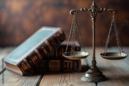 A scale of justice with a book in the background. Ideal for legal and law-related concepts
