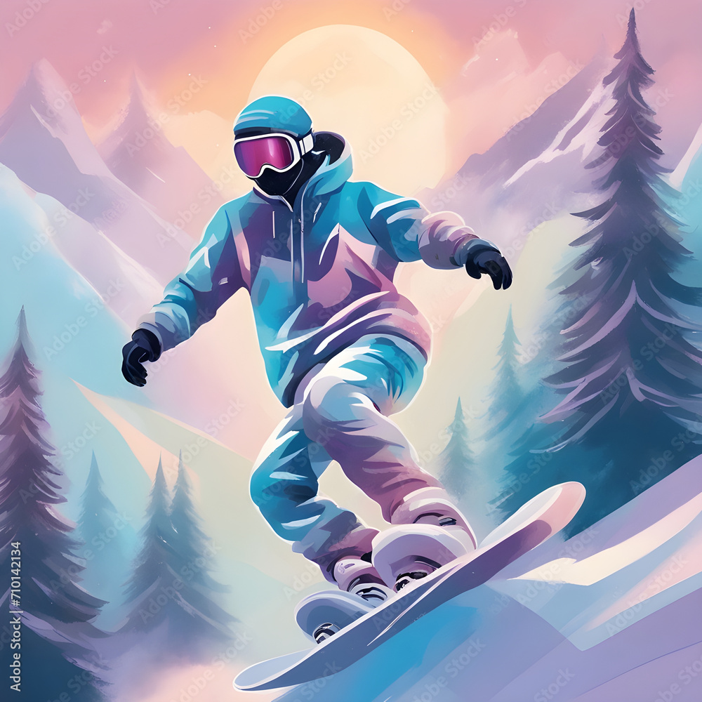 Obraz premium Snowboarder man jumping snowy mountain fir tree forest landscape background sportsman snowboarding winter vacation