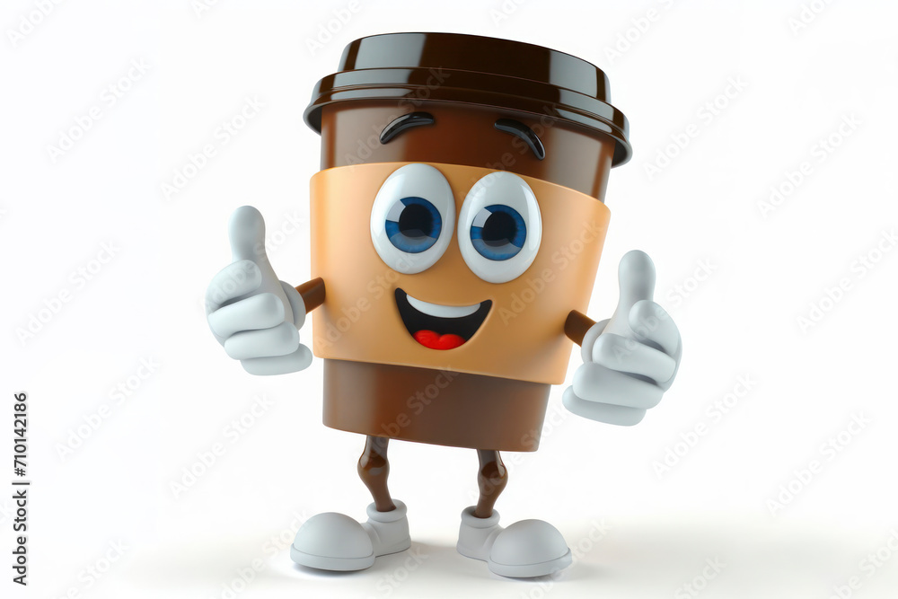 3d cup coffee character with a smiling face on a white background. ai generative