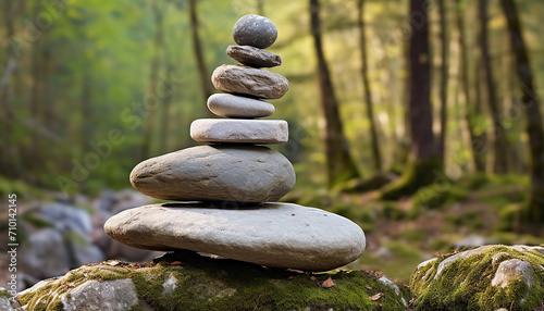 Stacked rocks create harmony in tranquil nature scene generated by AI