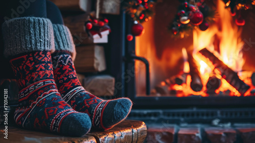 Pair of socks resting on log, placed in front of cozy fireplace. Perfect for winter-themed designs or showing warmth and comfort.