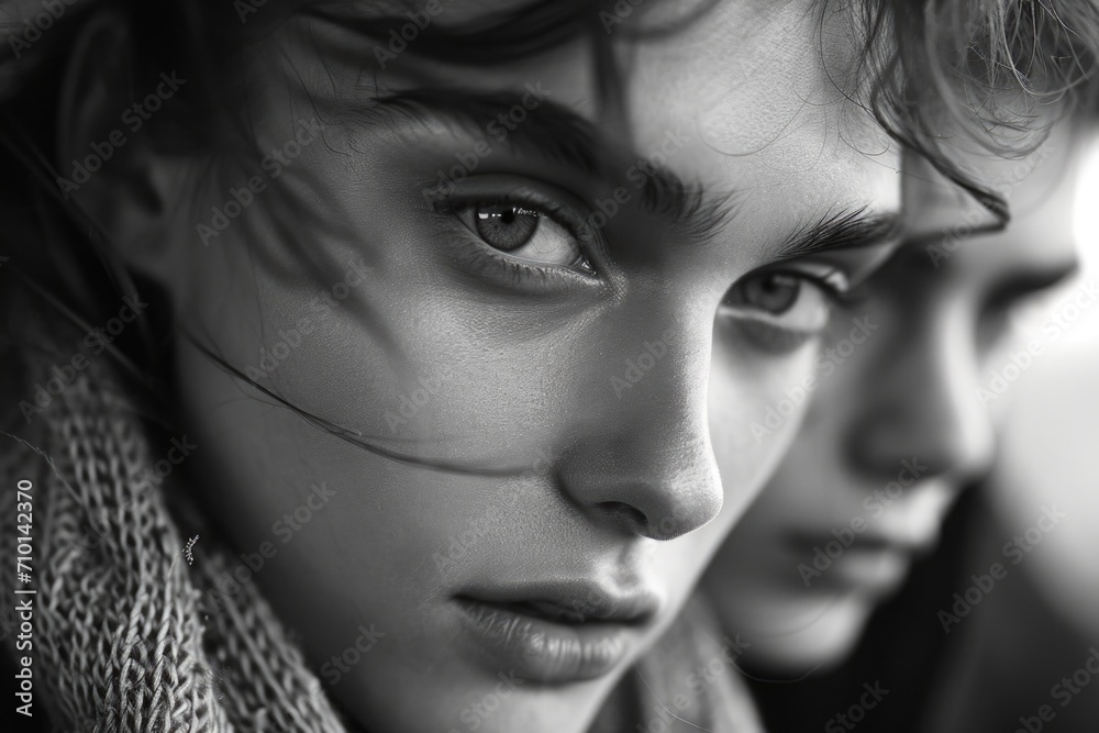 Two individuals wearing scarves in a close-up shot. Versatile image suitable for fashion, winter, and outdoor themes Two individuals wearing scarves in a close-up shot. Versatile image suitable for fashion, winter, and outdoor themes