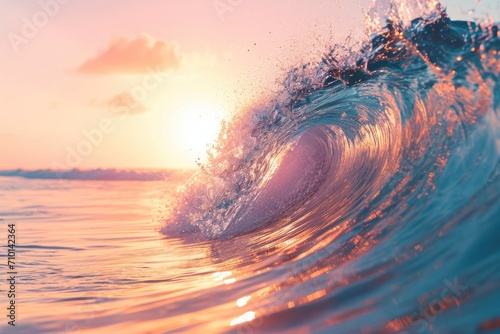 A powerful wave crashing into the ocean at sunset. Ideal for beach and nature-themed designs