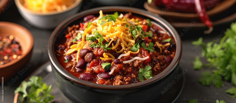 Chili with plant-based ingredients and cheese