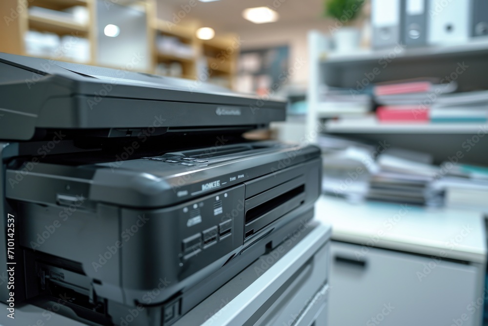 A stack of printers sitting on top of each other. Perfect for office or technology-related designs A stack of printers sitting on top of each other. Perfect for office or technology-related designs