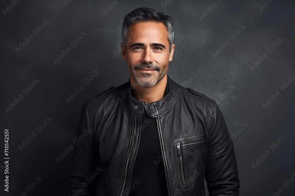 Portrait of a handsome middle-aged man in a black leather jacket on a dark background. Portrait of a handsome middle-aged man in a black leather jacket on a dark background.