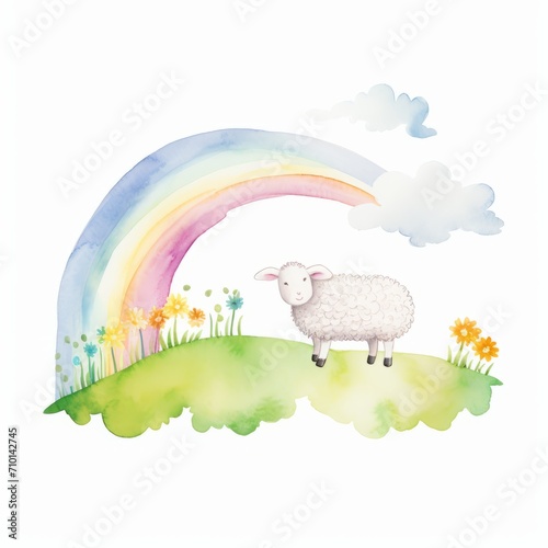 Aquarell eines Regenbogens   ber gr  nem H  gel mit Schaf Illustration