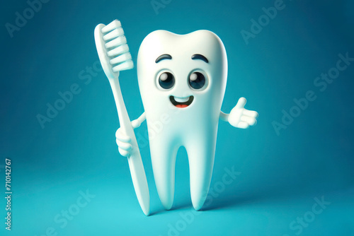 3d tooth brush character with a smiling face on a blue background. ai generative