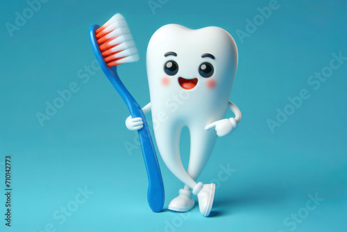 3d tooth brush character with a smiling face on a blue background. ai generative