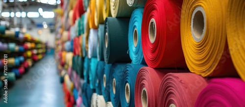 Industrial cotton fabric rolls for clothing manufacturing on machines. photo