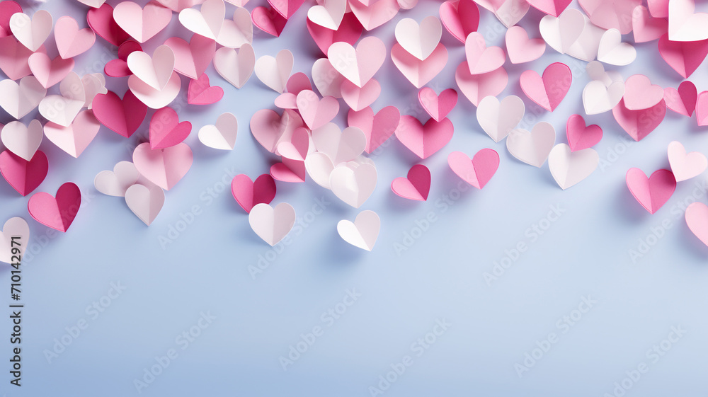 Horizontal blue background with paper hearts. Valentine's Day concept. Generated by artificial intelligence