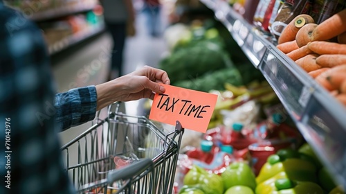 Closeup of a person holding a "TAX TIME" sticky note in a supermarket generative ai