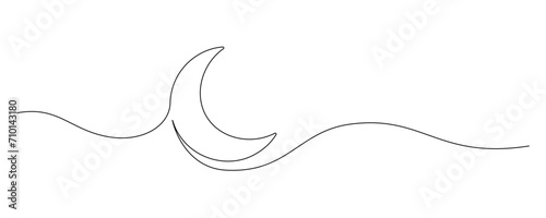 One continuous line drawing of Moon. Ramadan Kareem banner in simple linear style. Sleep symbol with crescent in Editable stroke. Doodle outline vector illustration