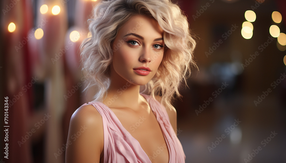 Young adult woman with blond curly hair smiling generated by AI
