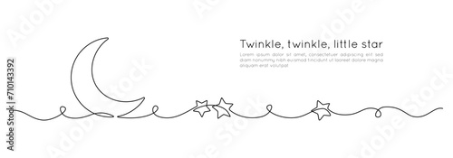One continuous line drawing of Moon with stars. Ramadan Kareem banner in simple linear style. Sleep symbol with crescent in Editable stroke. Doodle outline vector illustration