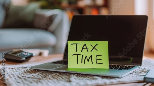 Close-up photo of a "TAX TIME" sticky note on a laptop in a cozy home workspace generative ai