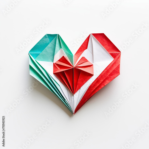 Generative AI. A heart made of paper, located on a white background, an isolated object. A paper figurine. Japanese origami art. A cute toy, an object of art