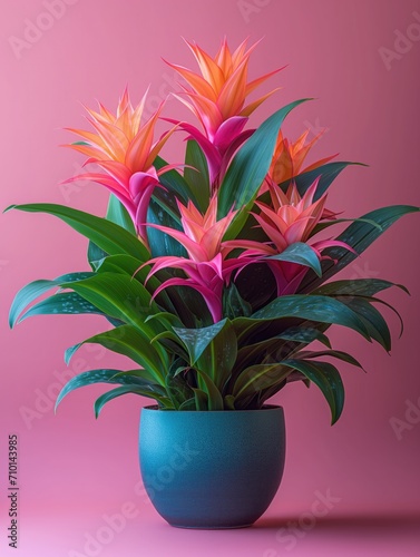 Guzmania plant in pot. Studio photoshoot on isolated solid color background. Home flower plant profile photography. Ai generated illustration. Botanical app picture