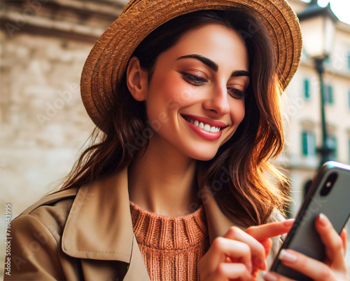 Mujer alegre mandando mensaje de texto por el celular photo