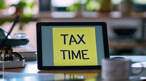 Wallpaper Mural Close-up photo of a "TAX TIME" sticky note on a tablet screen in a modern workspace generative ai Torontodigital.ca