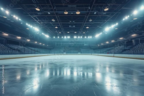 An empty hockey rink with lights shining on the ice. Suitable for sports-related designs and concepts