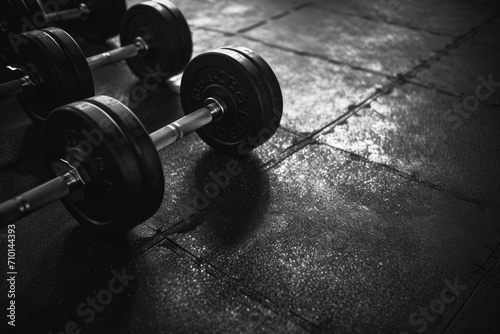 Dumbbells resting on a tiled floor. Ideal for fitness and exercise concepts