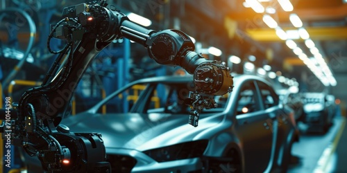 A car being worked on by a robot in a factory. Can be used to depict automation and modern manufacturing processes